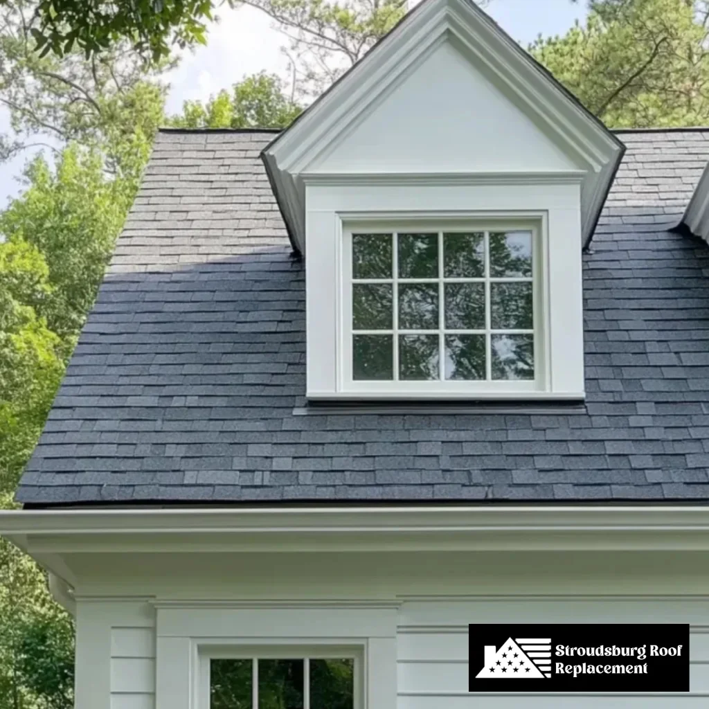 Home with a newly installed black shingle roof and dormer window for improved curb appeal.